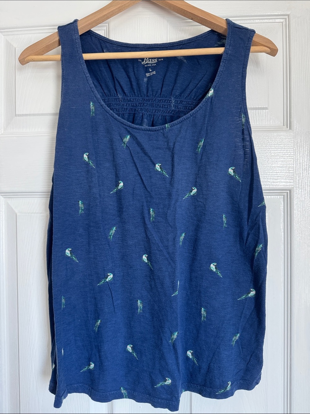 Bass Navy Tank with Teal Bird Print